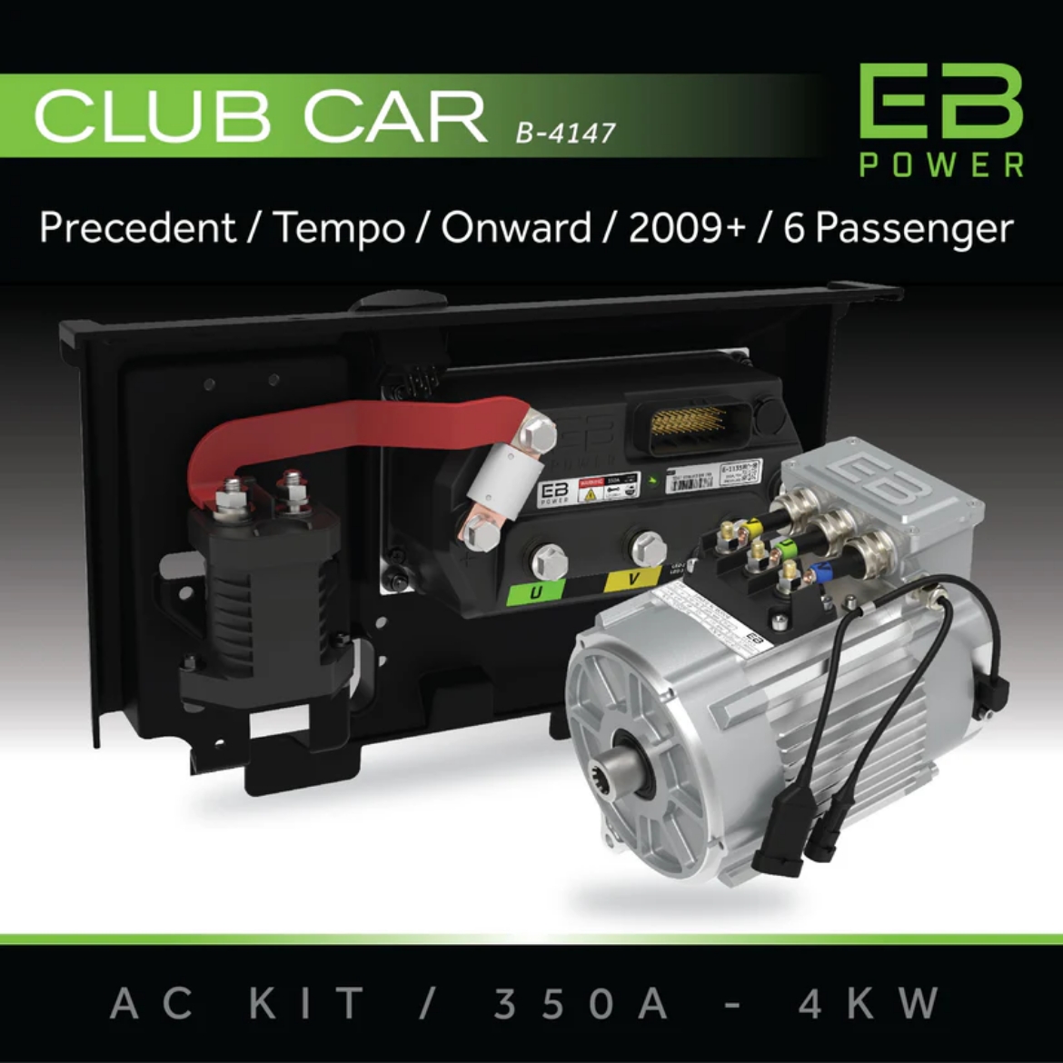 Picture of ECO SYSTEM AC PERFORMANCE UPGRADE KIT SUIT CLUB CAR PRECEDENT (2009+) 6 PASSENGER - 350A CONTROLLER + 4KW MOTOR. KIT INCLUDES: AC CONTROLLER, AC MOTOR, MOUNT PLATE, 400AMP SOLENOID, 3 POS SWITCH, TOW/RUN SWITCH, COMPLETE REPLACEMENT HARNESS, BATTERY & MOTOR CABLES.